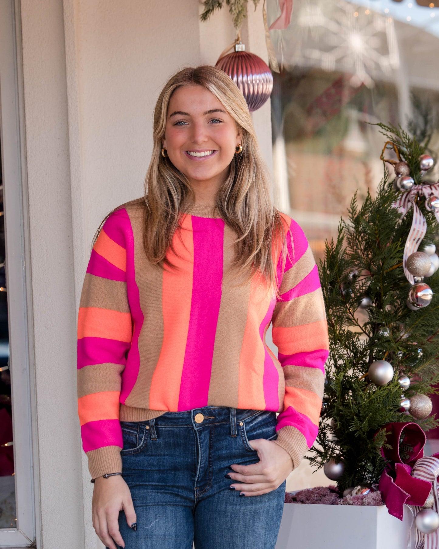 Fabiola Vertical Stripes Sweater - Beige/Orange/Pink