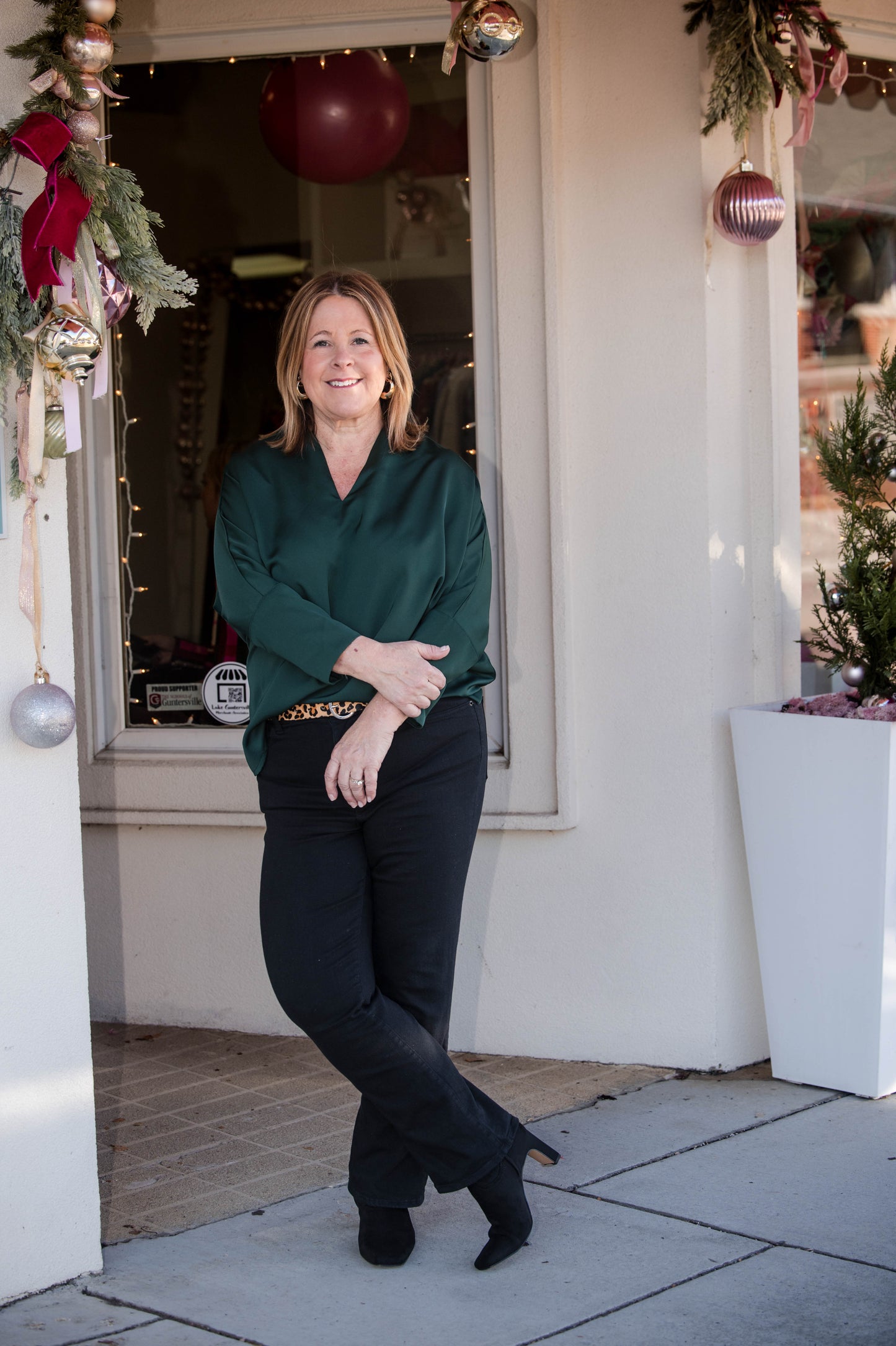 Long Sleeve V-Neck Blouse - Hunter Green