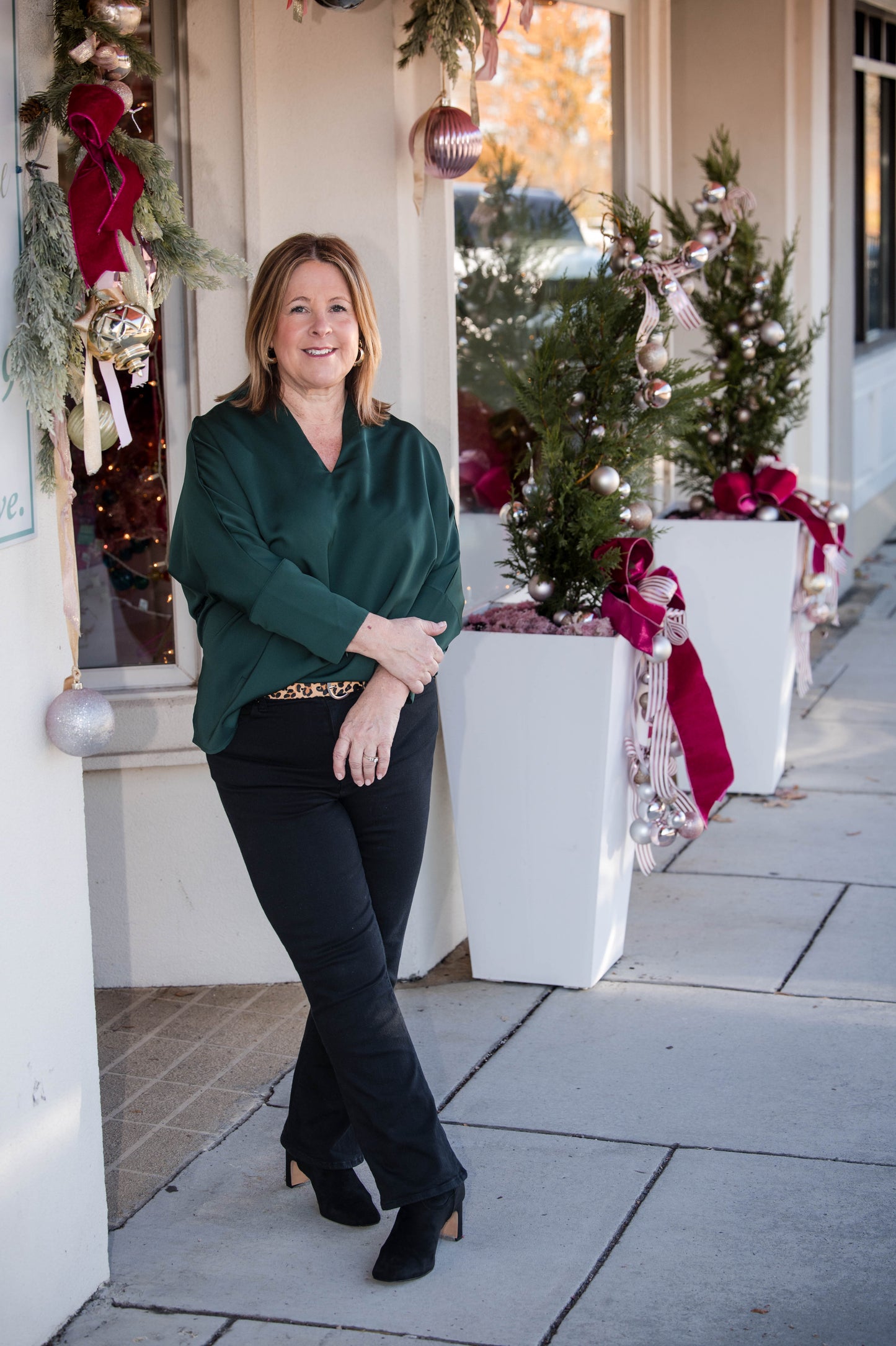 Long Sleeve V-Neck Blouse - Hunter Green