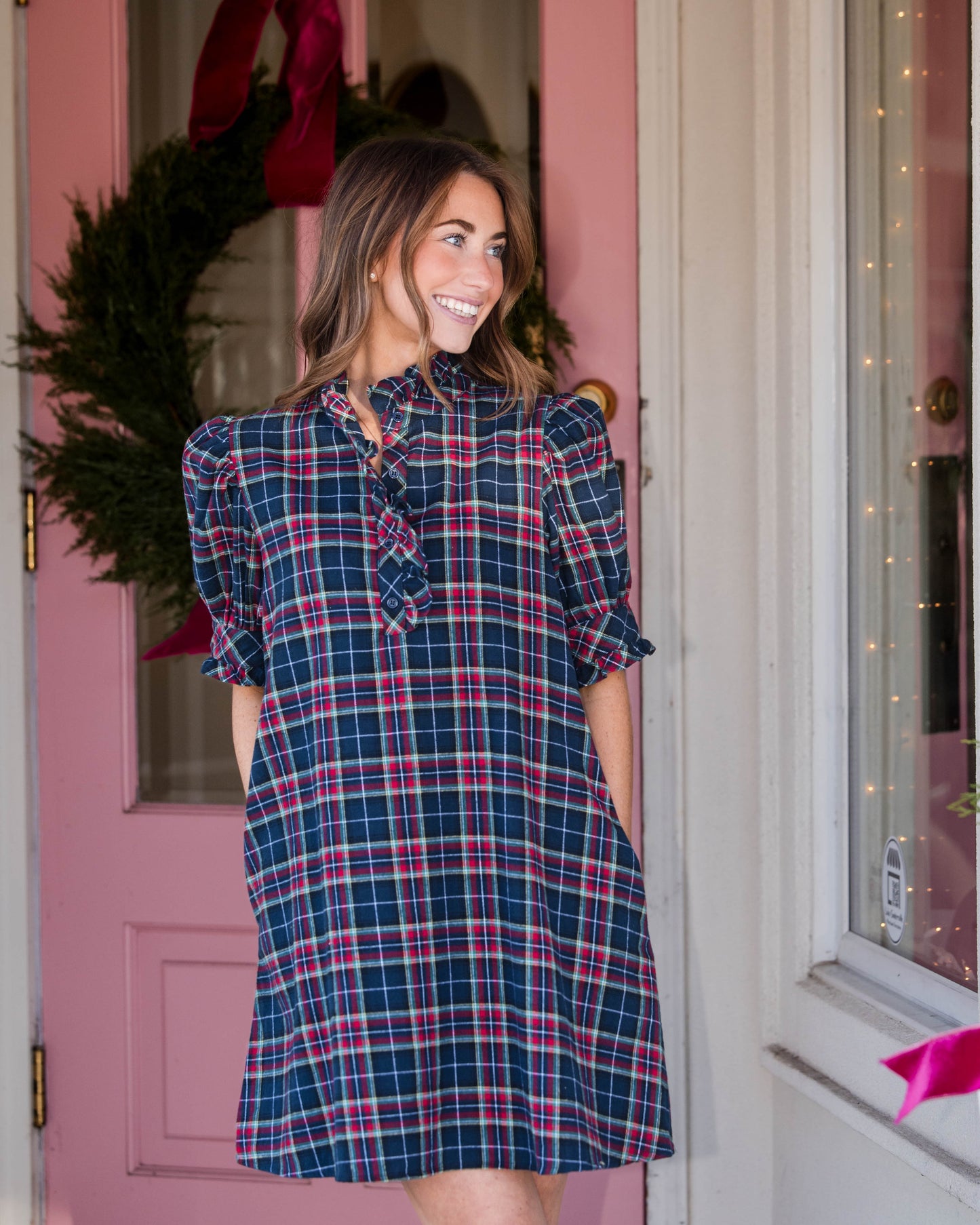 Tartan Plaid Mini Dress - Navy