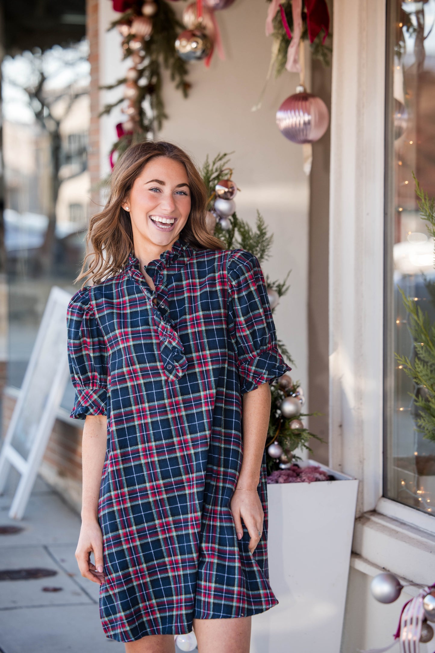 Tartan Plaid Mini Dress - Navy