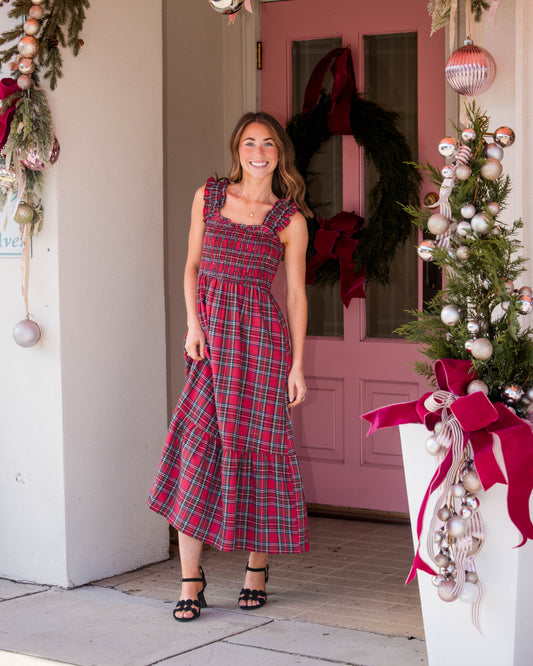 Plaid Smocked Bodice Midi Dress With Ruffle Hem - Red Plaid