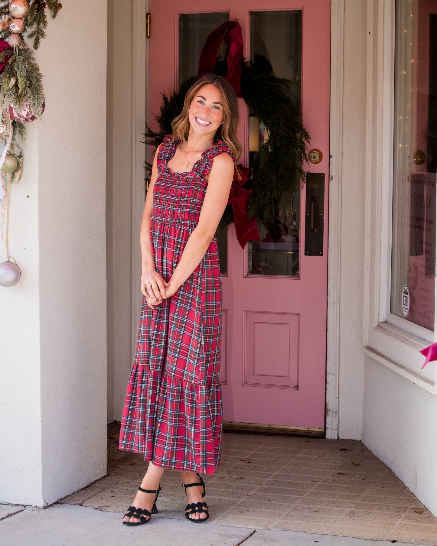Plaid Smocked Bodice Midi Dress With Ruffle Hem - Red Plaid