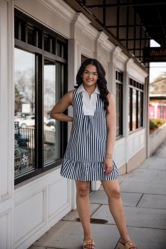 Striped Collared Dress - Blue