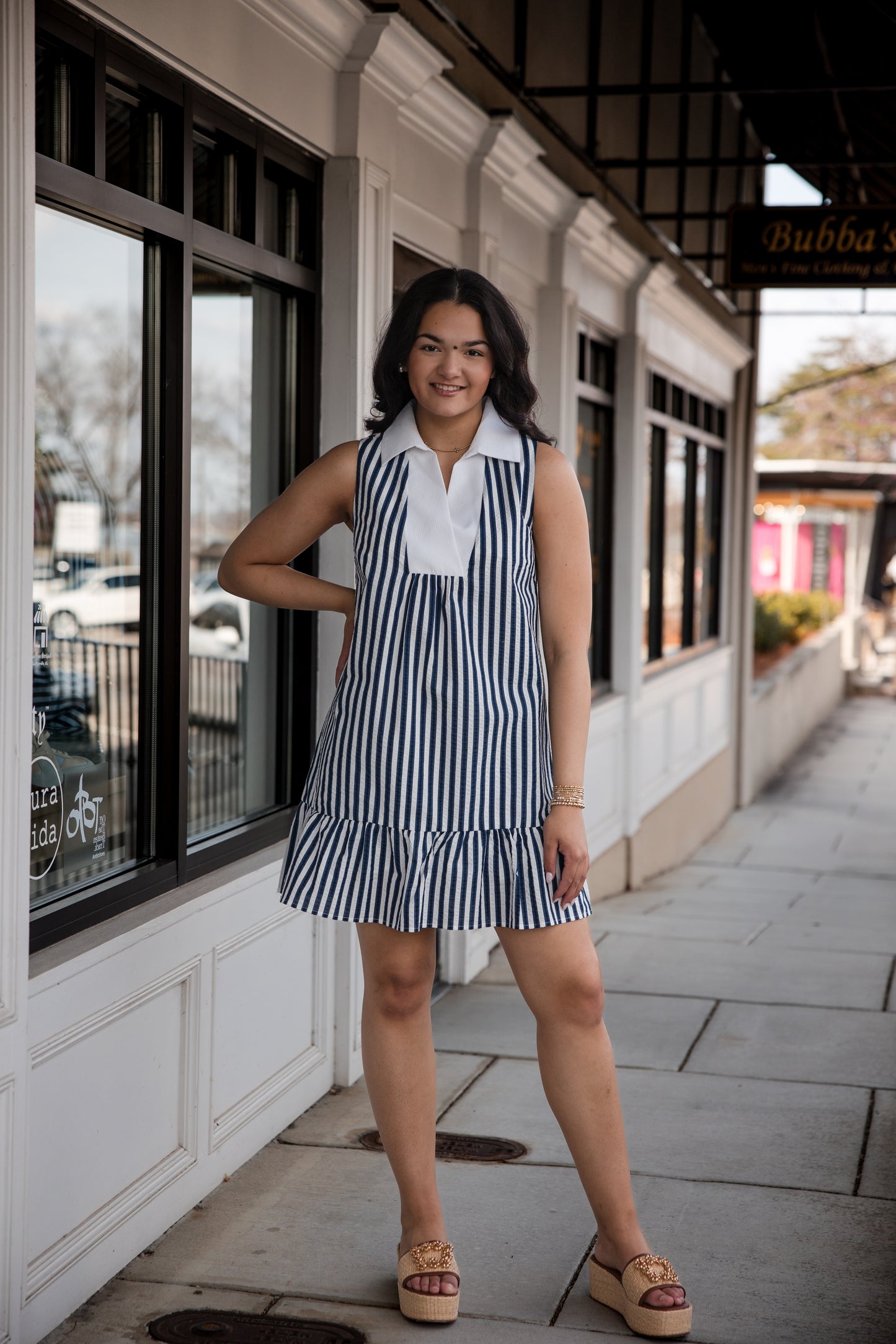 Striped Collared Dress - Blue