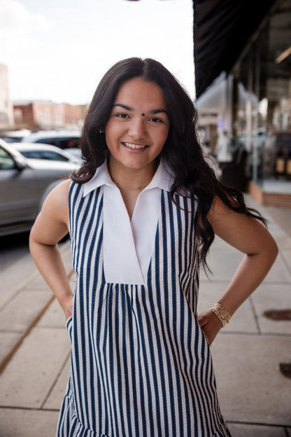 Striped Collared Dress - Blue