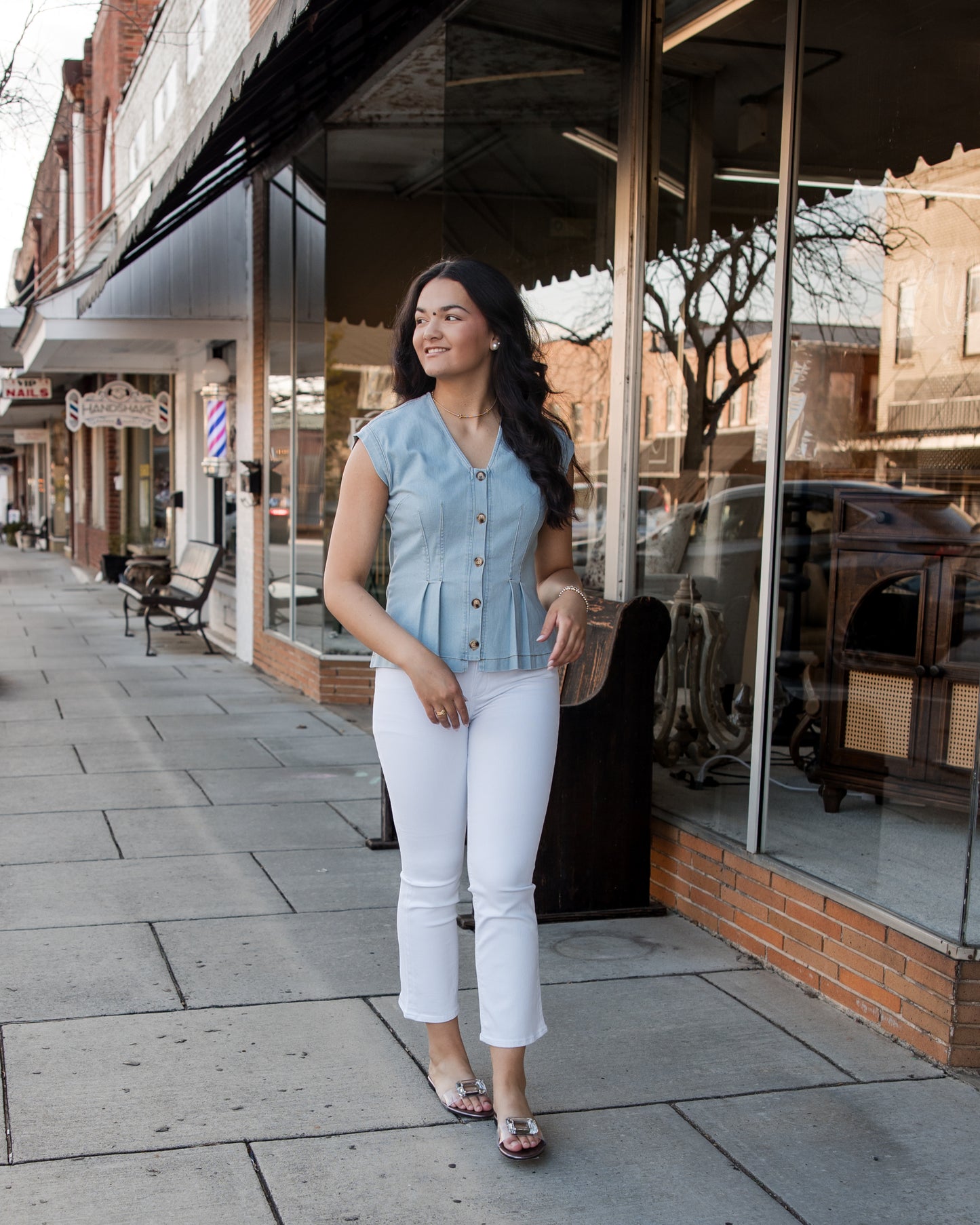 Stretch Denim Pleated Button Down Blouse Top - Light Denim
