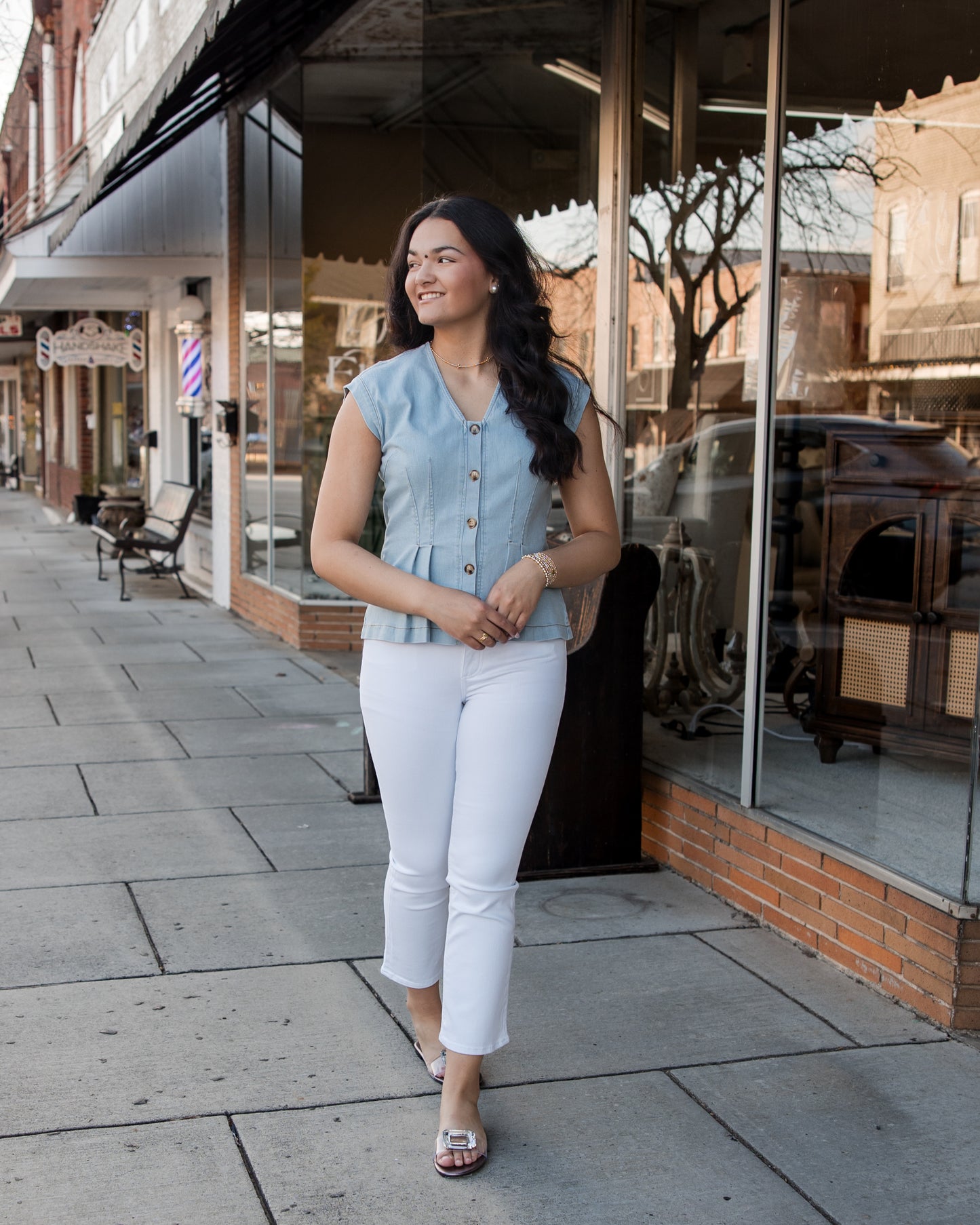 Stretch Denim Pleated Button Down Blouse Top - Light Denim