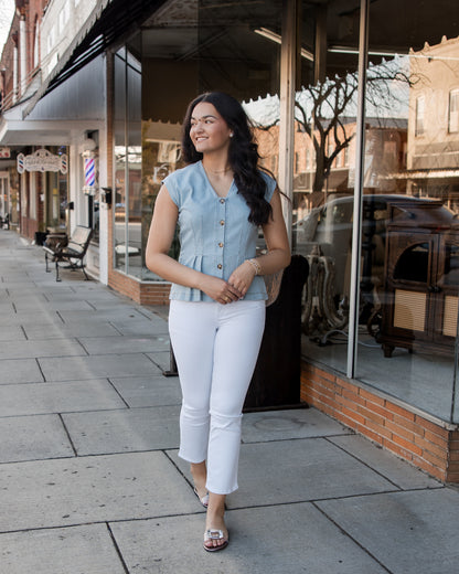 Stretch Denim Pleated Button Down Blouse Top - Light Denim