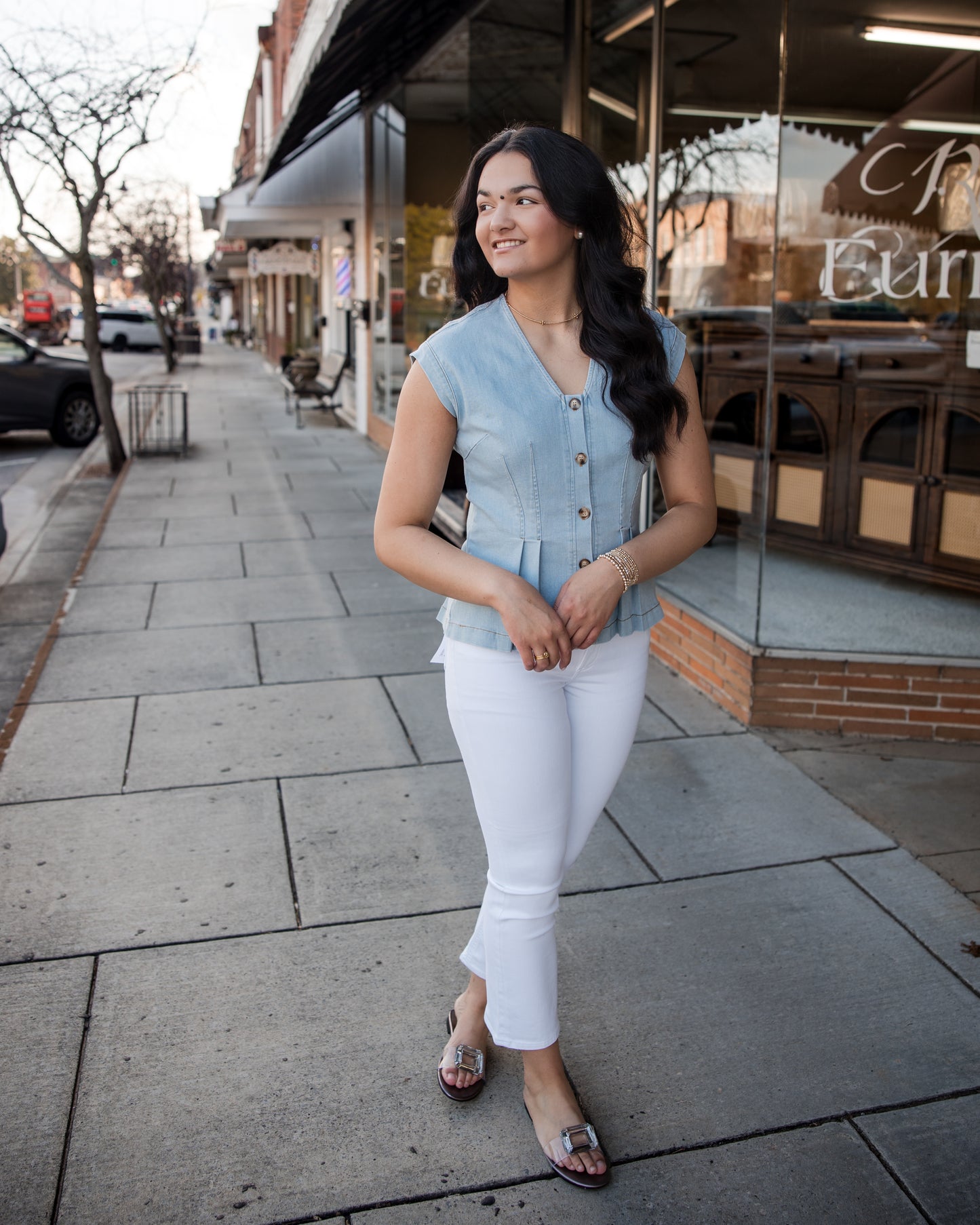 Stretch Denim Pleated Button Down Blouse Top - Light Denim