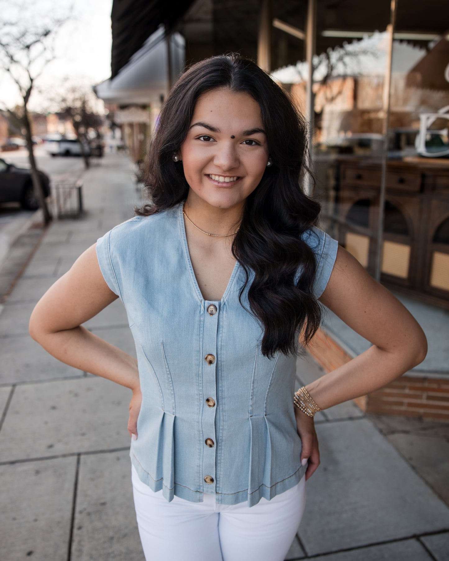 Stretch Denim Pleated Button Down Blouse Top - Light Denim