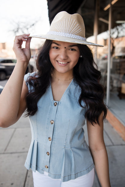 Stretch Denim Pleated Button Down Blouse Top - Light Denim