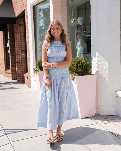 Gingham Shirring Detailed Maxi Dress - Blue