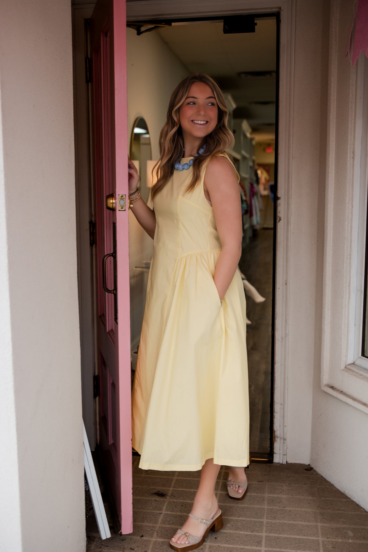Sleeveless Gathered Waist Midi Dress - Yellow