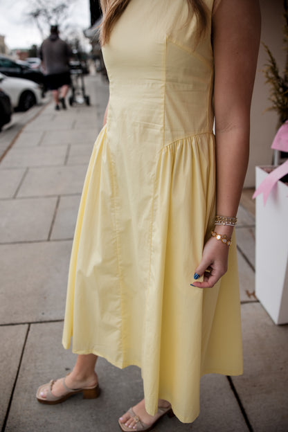 Sleeveless Gathered Waist Midi Dress - Yellow