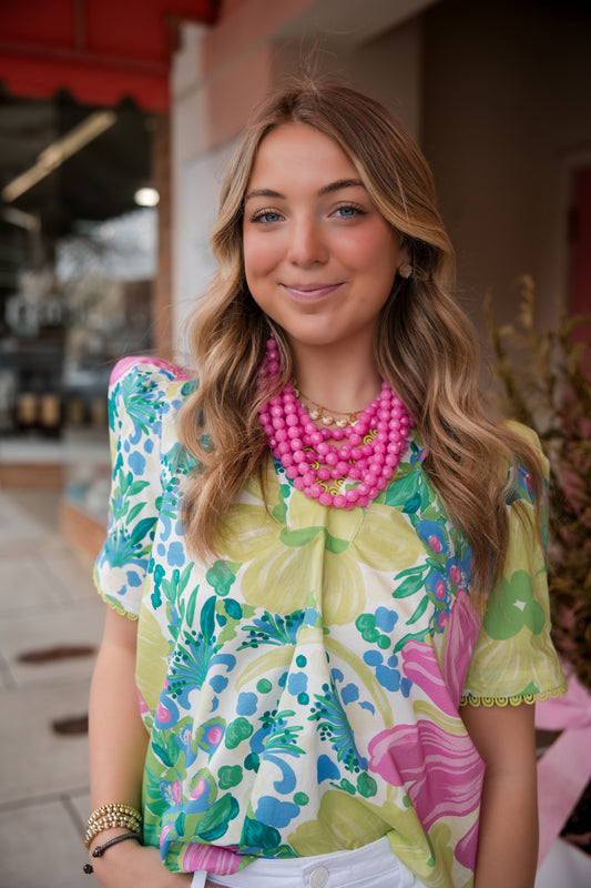 Floral Puff Sleeve Split Neck Top - Lime