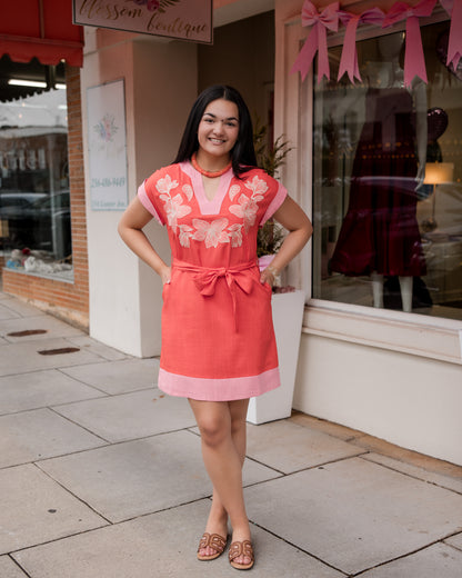 Short Sleeve Floral Embroidery Detail Dress - Orange/Pink
