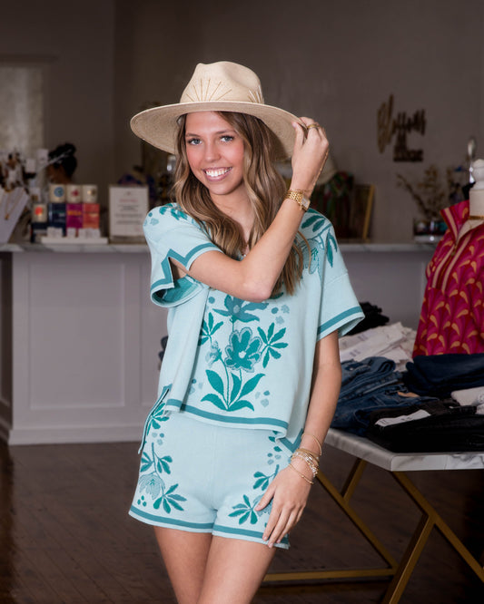 Jessi Short - Mint Palmetto Floral Jacquard