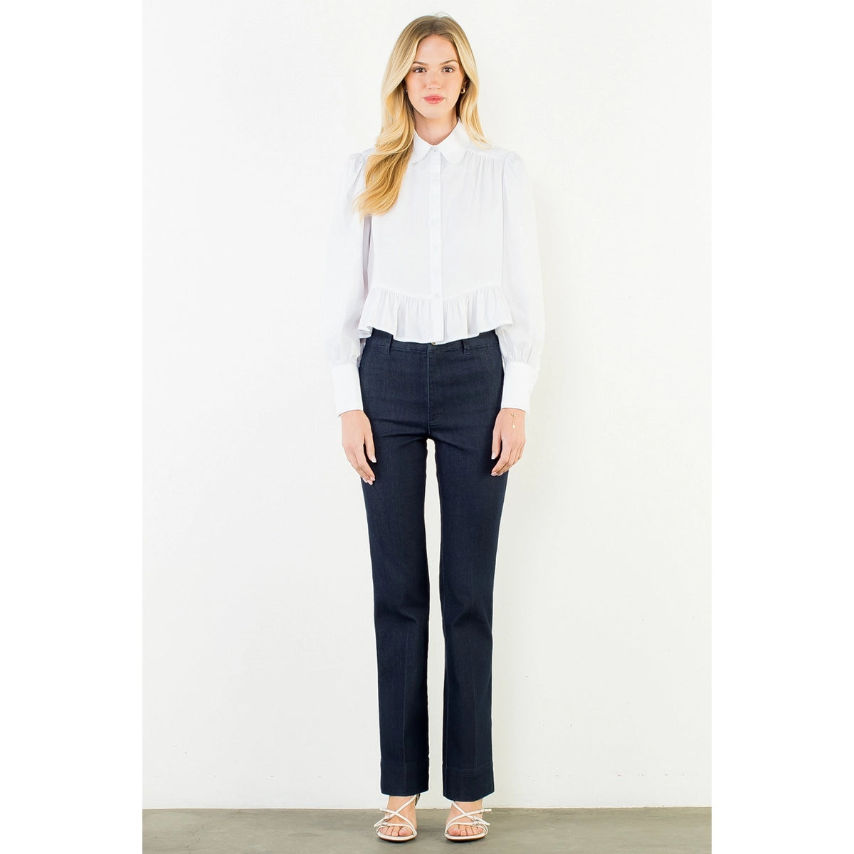 Button Up Long Sleeve Ruffle Hem Top - White