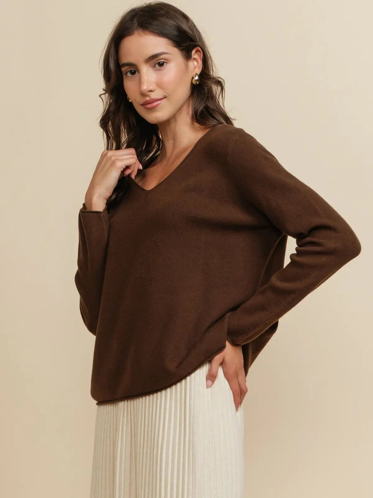 Essential V-Neck Long Sleeve Pullover Sweater Top - Brown
