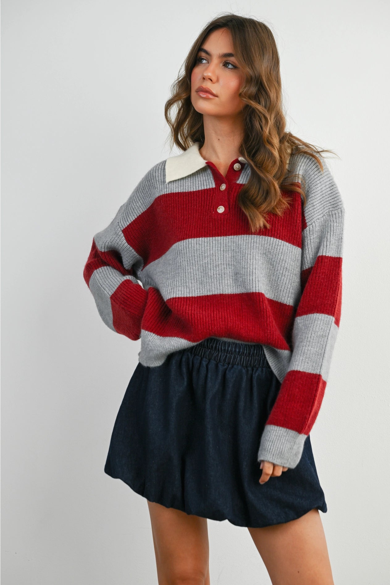 Buttoned Striped Collared Long Sleeve Top - Grey/Burgundy
