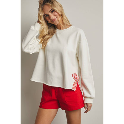 Side Gingham Bow Pullover Top - Off White/Red