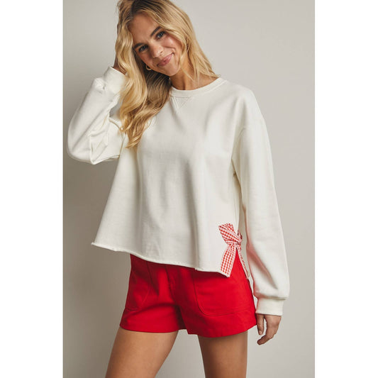 Side Gingham Bow Pullover Top - Off White/Red