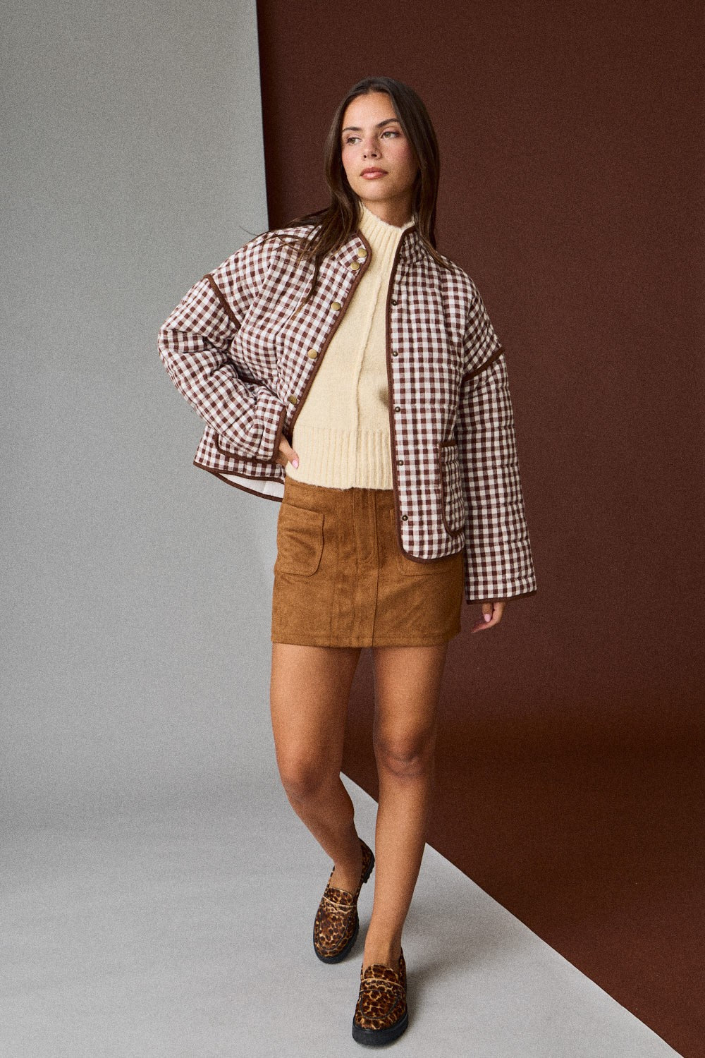 Gingham Quilted Jacket - Brown