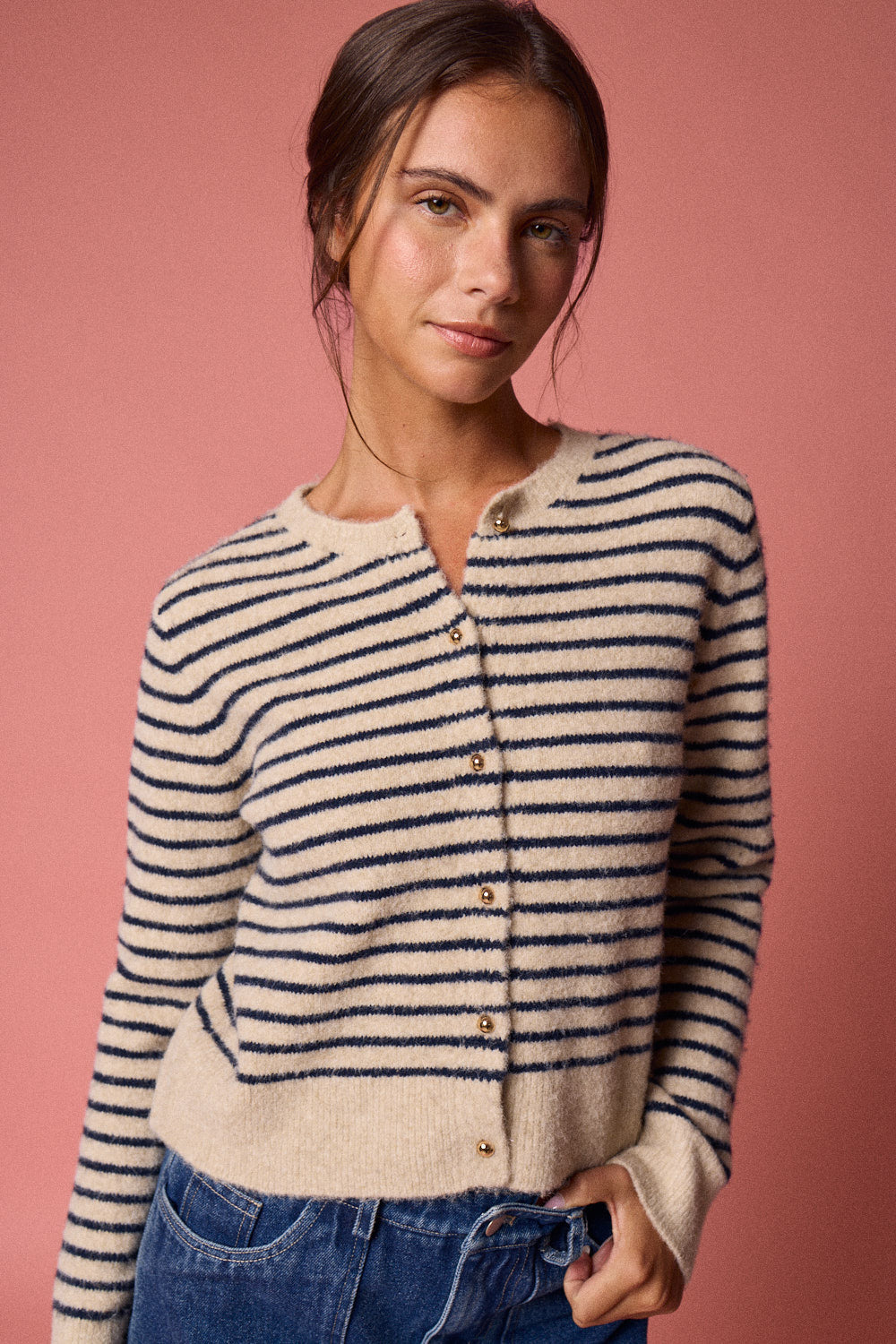 Striped Button Front Cardigan - Taupe/Black