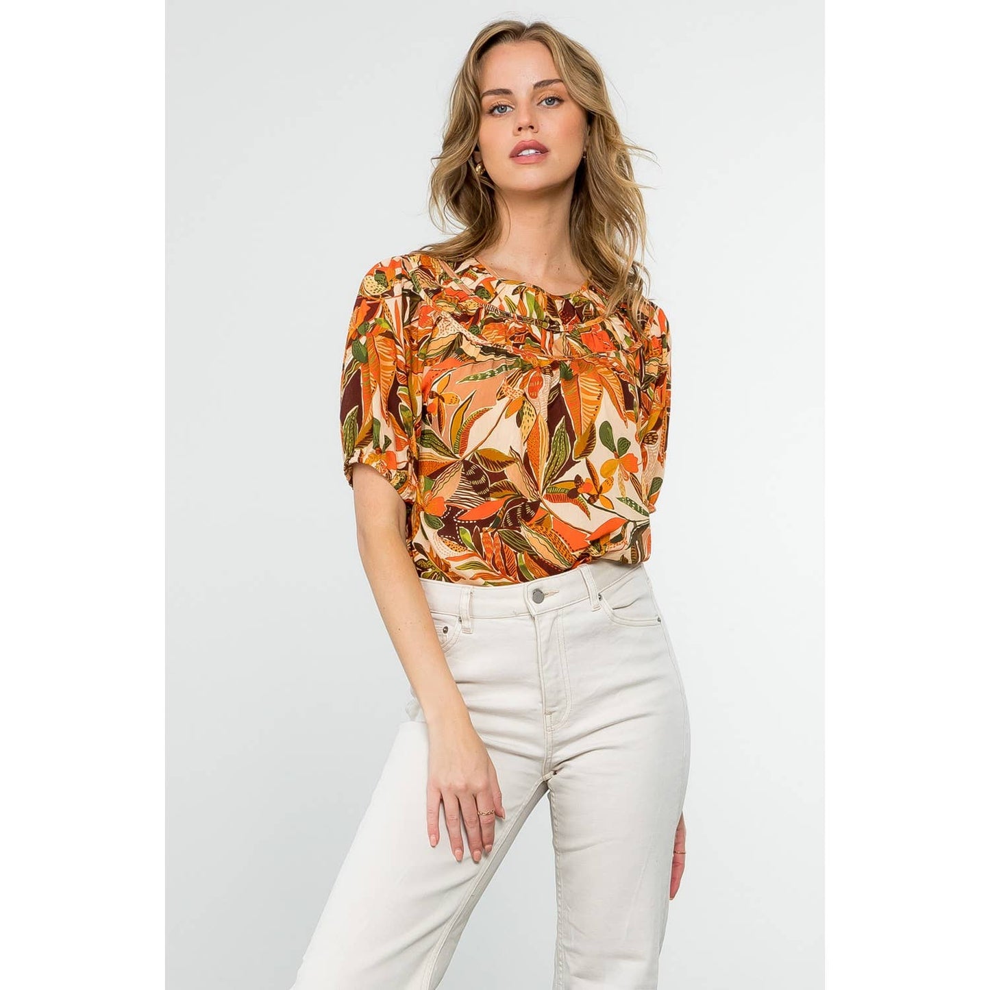 Puff Sleeve Floral Top - Beige