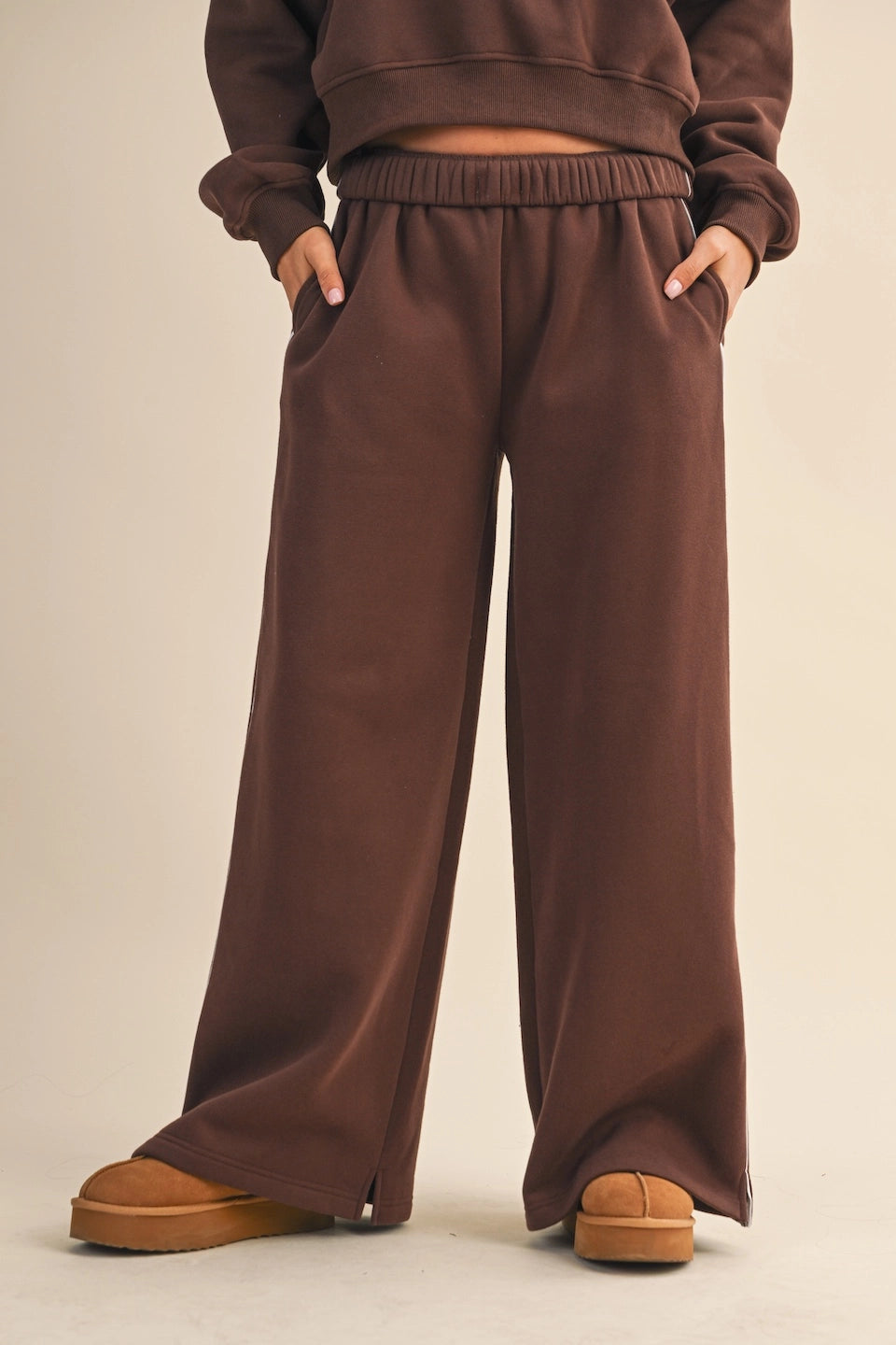 Cozy Fleece Wide Leg Sweatpants - Chocolate
