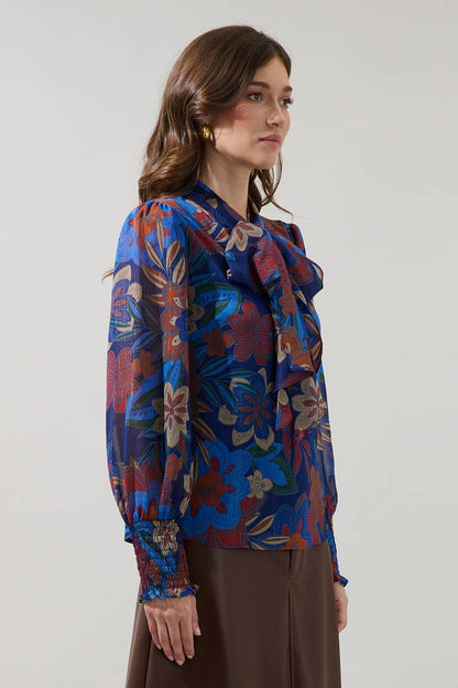 Etienne Tie Neck Long Sleeve Blouse Floral - Navy Multi