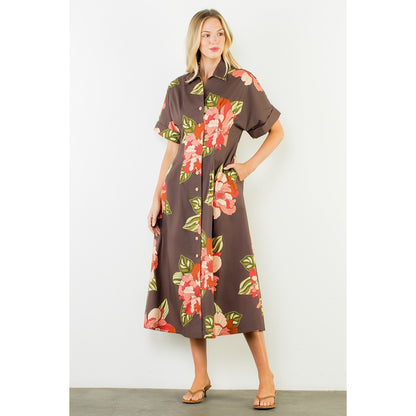 Long Flower Dress with Cuff Sleeves - Brown
