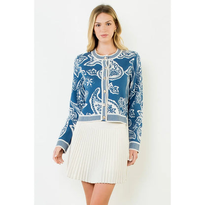 Long Sleeve Paisley Print Knit Cardigan - Blue