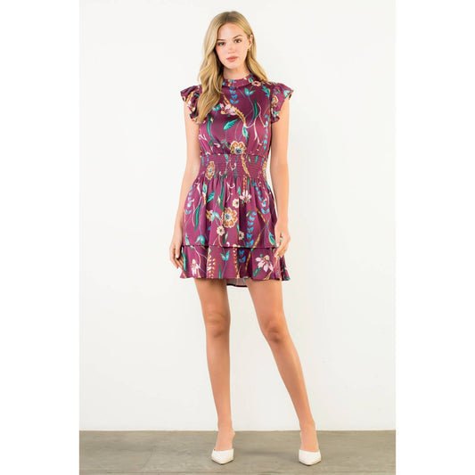 Smocked Waist Flutter Sleeve Dress - Burgundy