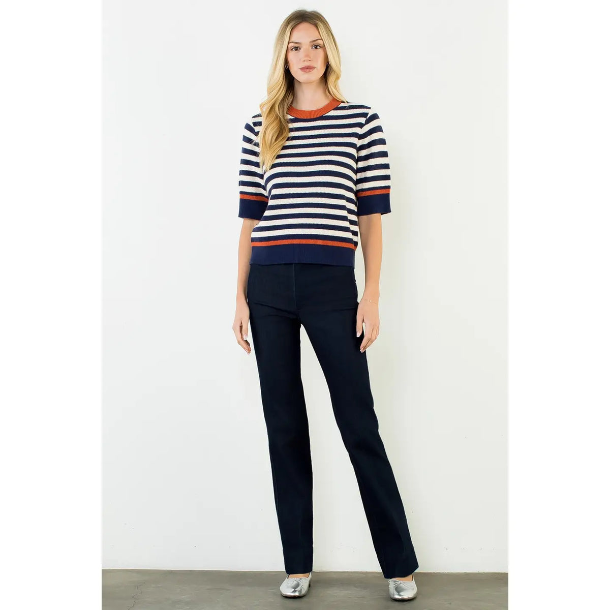 Stripe Short Sleeve Sweater Top - Navy/Orange