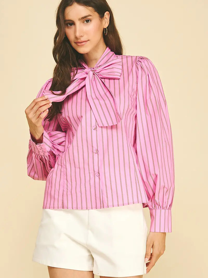 Stripe Bow Tie Detailed Shirt - Pink/Brown