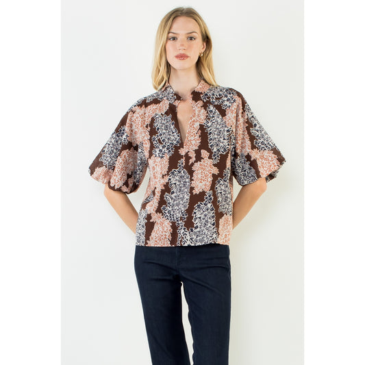Leaves Print Puff Sleeve Top - Brown