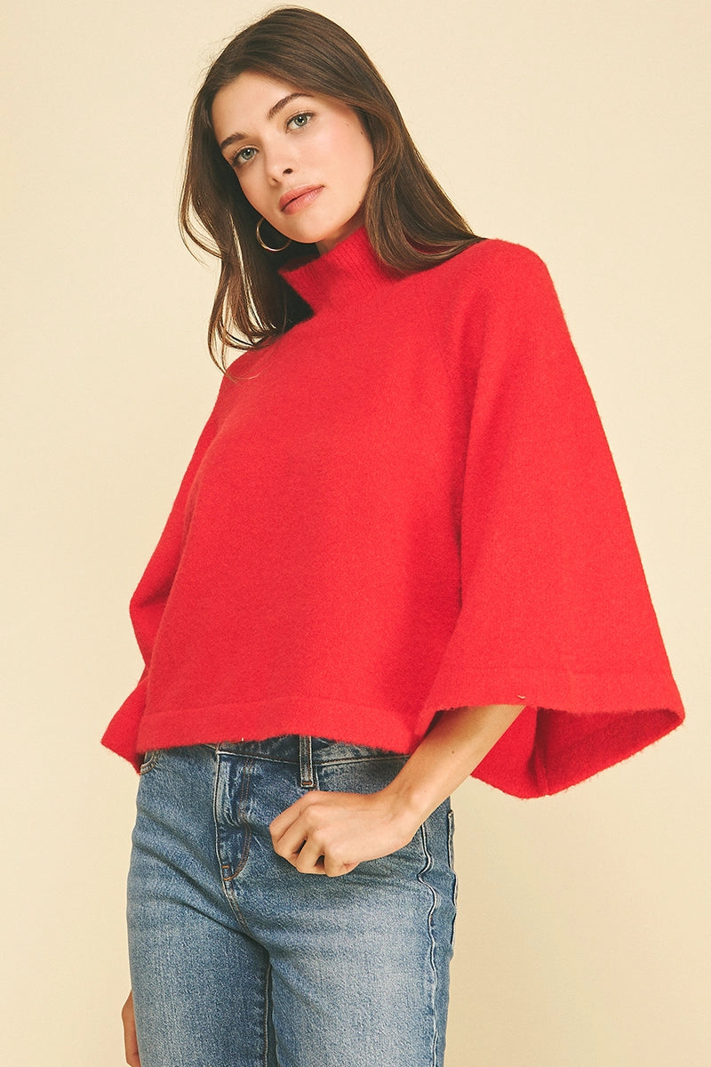 Wide Sleeve Mock Neck Sweater - Red