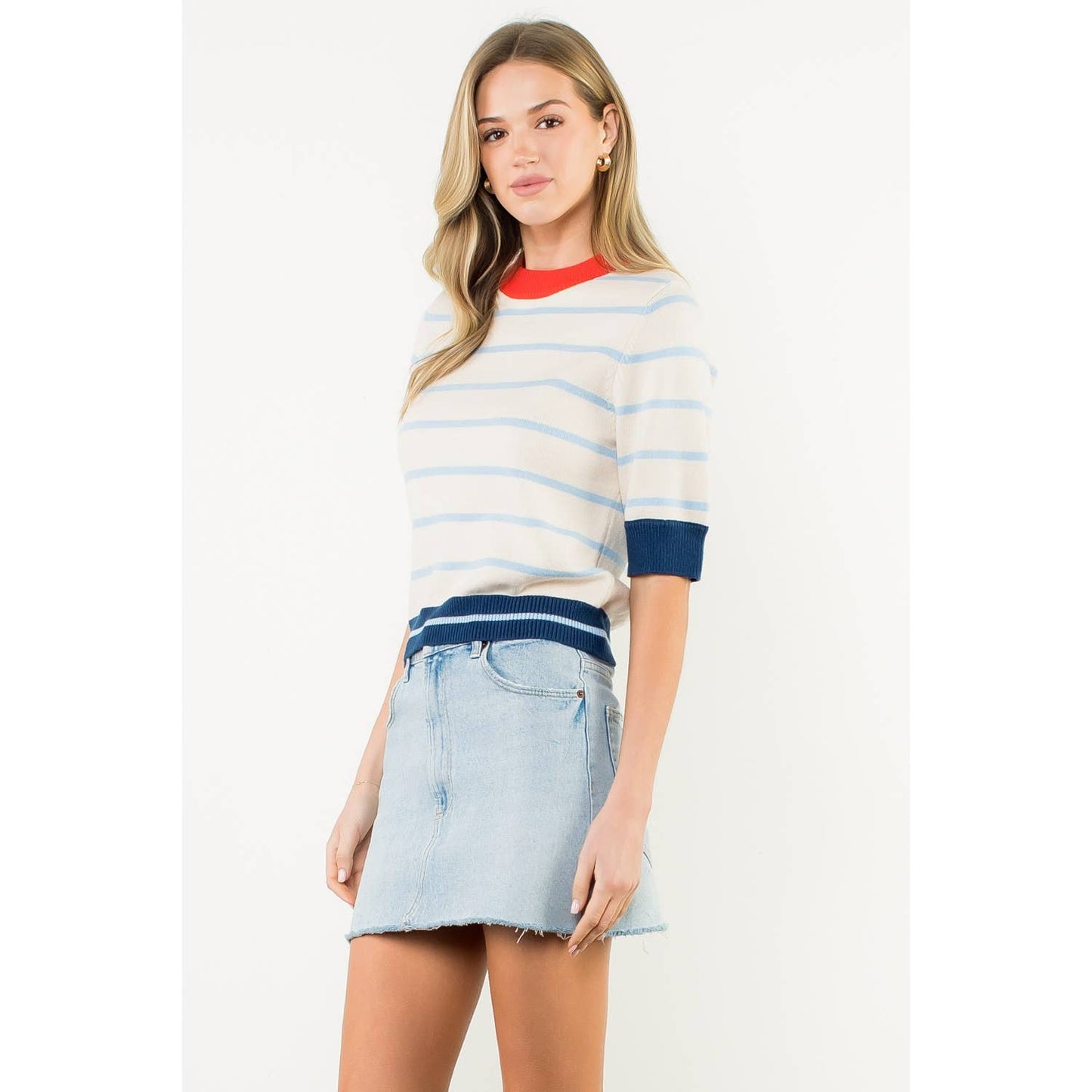 Colorblock Rib Trim Striped Knit Top - Cream