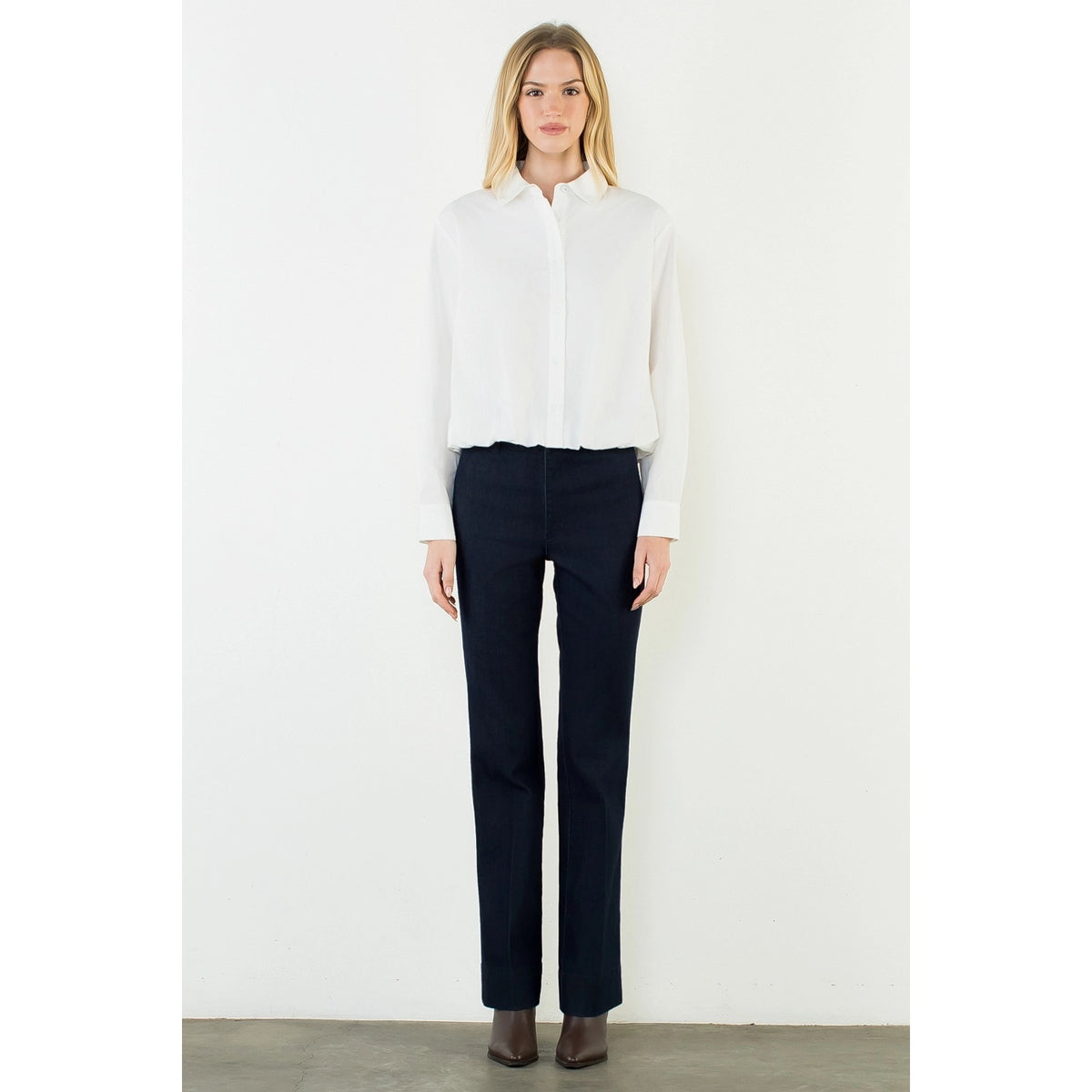 Long Sleeve Cinched Button Down Top - White
