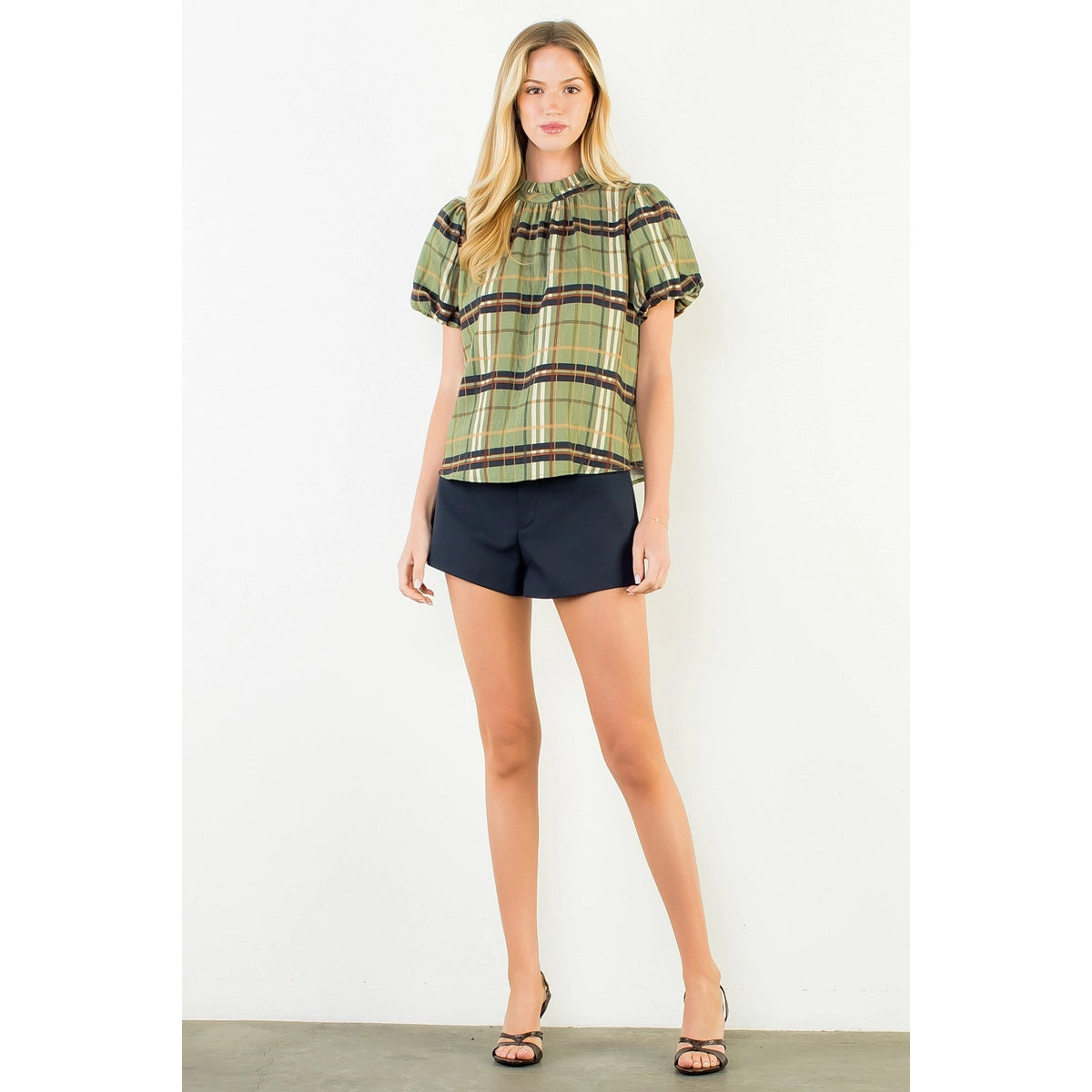Ruffled Neck Plaid Top - Olive