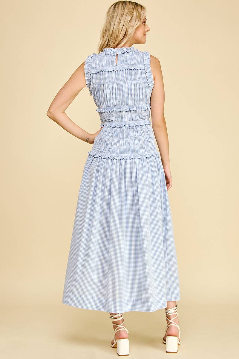 Gingham Shirring Detailed Maxi Dress - Blue