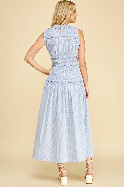 Gingham Shirring Detailed Maxi Dress - Blue