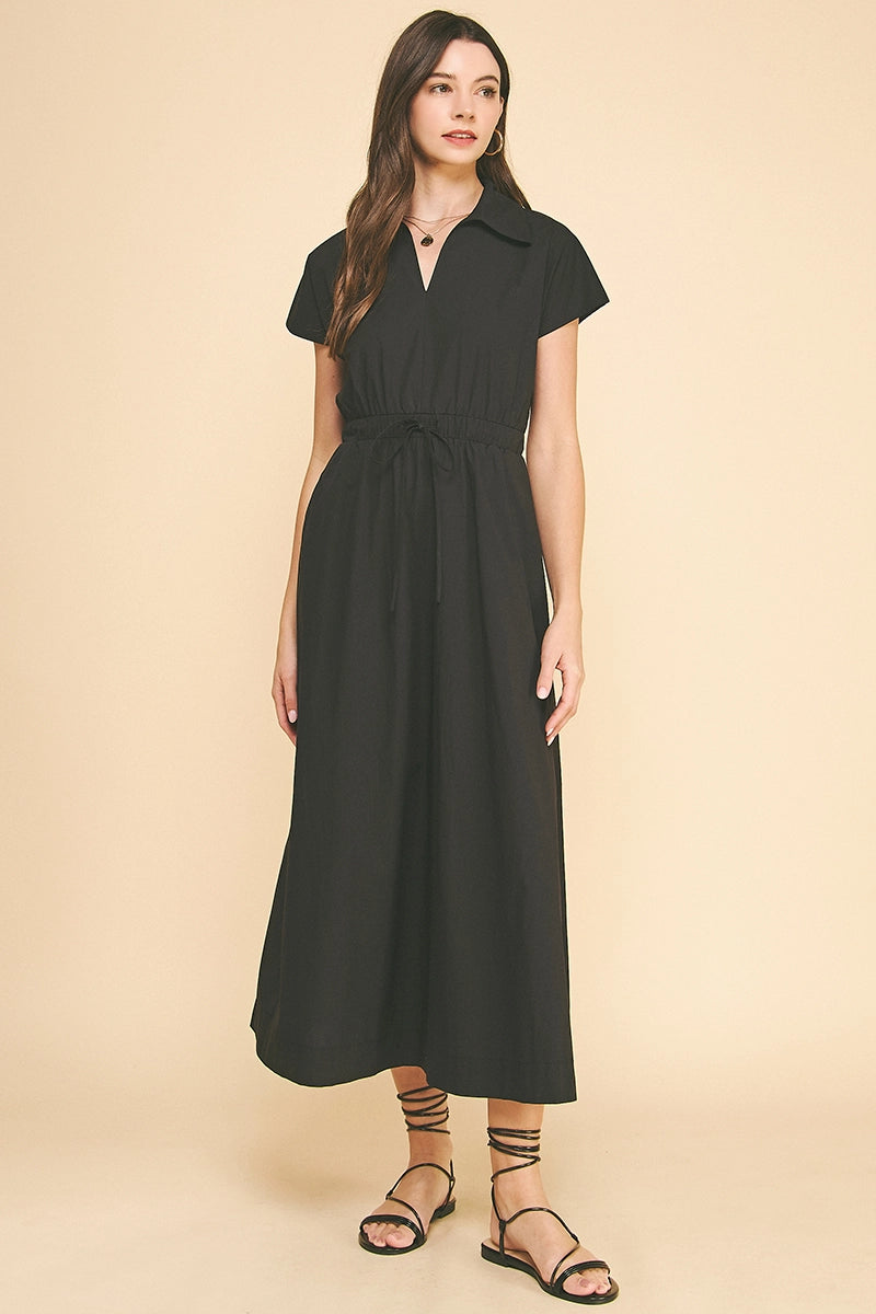 Solid Midi Dress with Open Back - Black