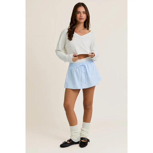 Contrast Waist Mini Skirt - White/Light Blue Stripe