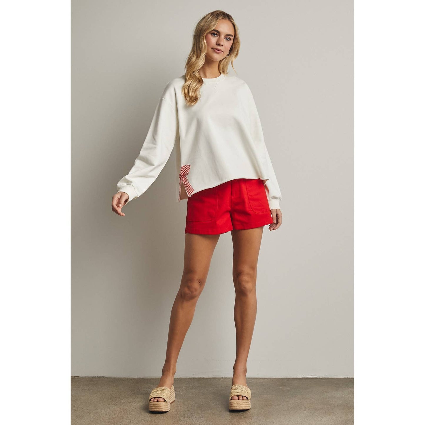 Side Gingham Bow Pullover Top - Off White/Red