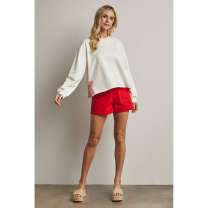 Side Gingham Bow Pullover Top - Off White/Red