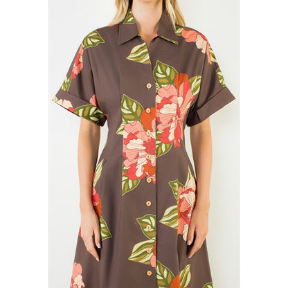Long Flower Dress with Cuff Sleeves - Brown