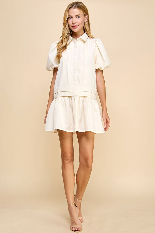 Pleat Detail Puff Sleeve Shirt Dress - Off White